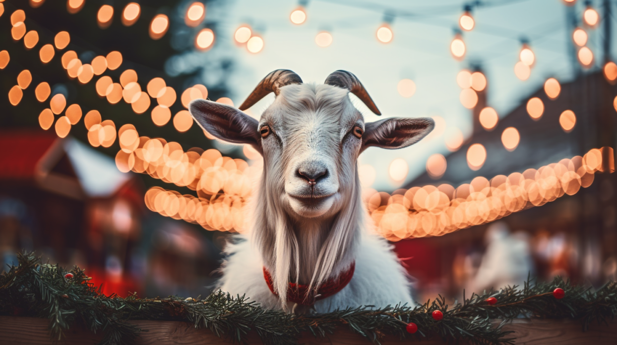 a goat surrounded by Christmas lights